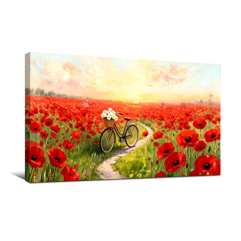 Plantes et fleurs, coquelicot, bicyclette, coucher de soleil, reproduction d'art, 20" H x 40" W