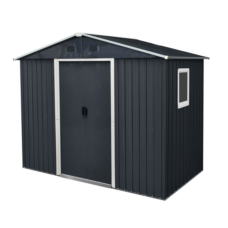 8Ft X 4Ft Outdoor Metal Storage Shed With Window And Metal Foundation For Backyard, Patio, Lawn, Black/White