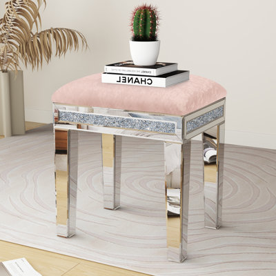 Mikayil Glass Mirrored Accent Stool Solid Wood Vanity Stool
