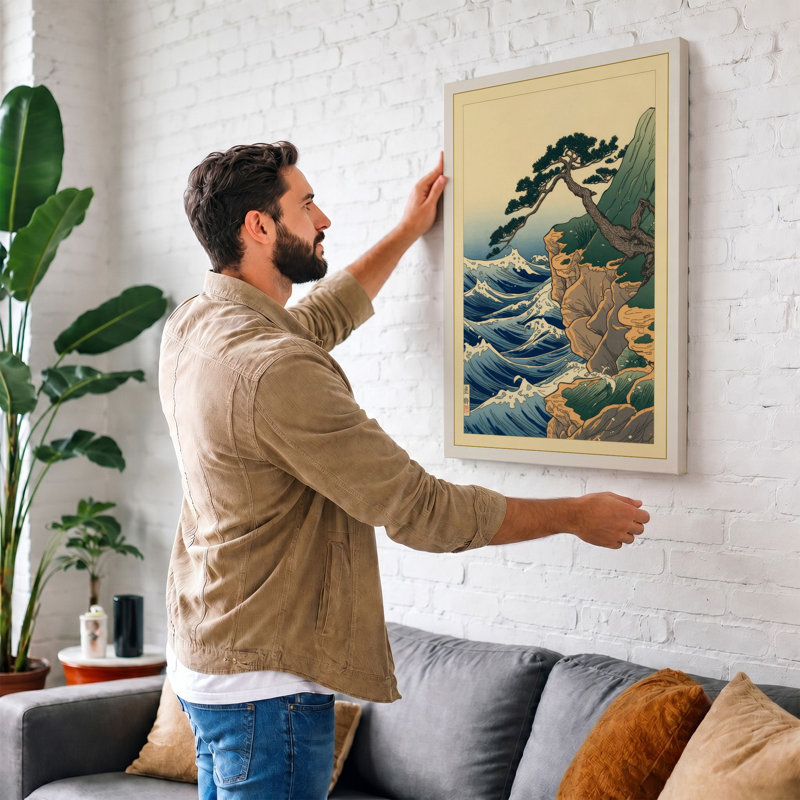 Figure Among Waves Japandi 1 Piece Wrapped Canvas Wall Art, 36x24 - 91.4 x 61.0 cm, Black Border