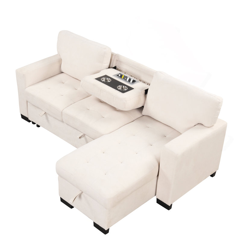 Méridienne modulaire élégante et fonctionnelle avec support escamotable, table rabattable et chargeur USB beige