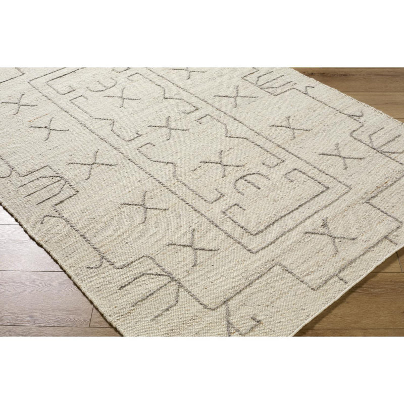 Rectangle Tobbie Geometric Hand Woven Flatweave Wool Area Rug in Pearl, Rectangle 9' x 12'