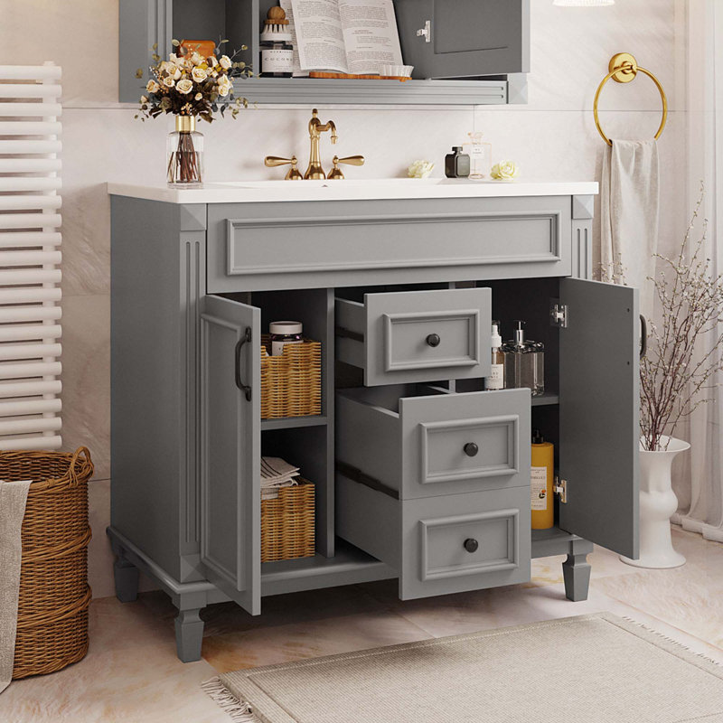 Meuble-lavabo moderne avec rangement supérieur et design élégant, Gris