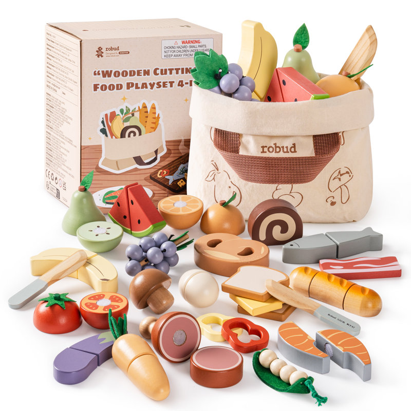 Wooden Toy Food Set, Cutting Toy Food for Pretend Play Kitchen Accessories Toyfood Playset with Storage Bag