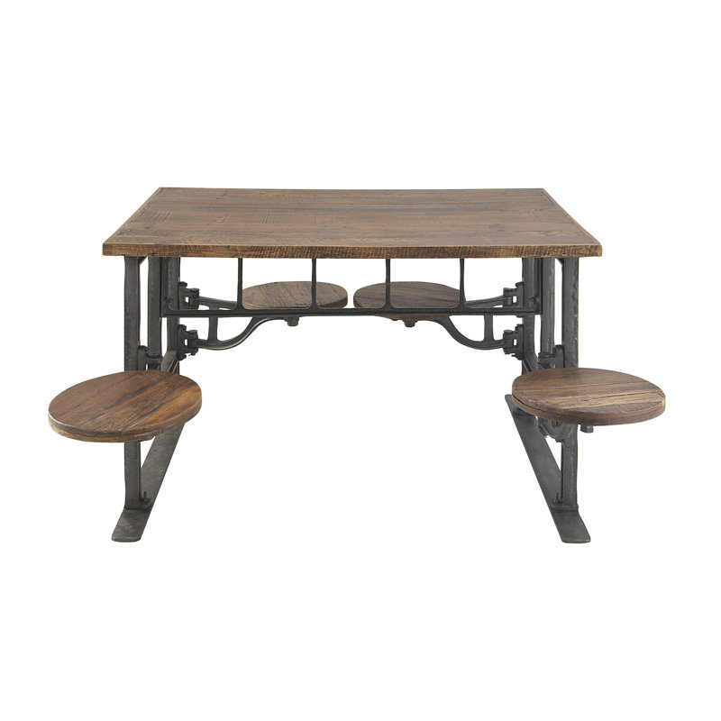 Teak Wood Dining Table with Attached Seats, Brown, Gray, 31" H x 51" W x 35"L