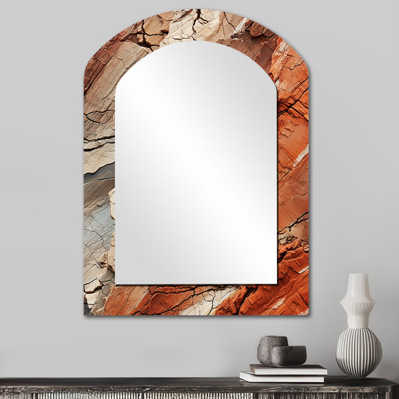 Earth Minimalist Fossils III - Abstract Collages, miroir asymétrique, miroir mural orange, 34 po x 25 po