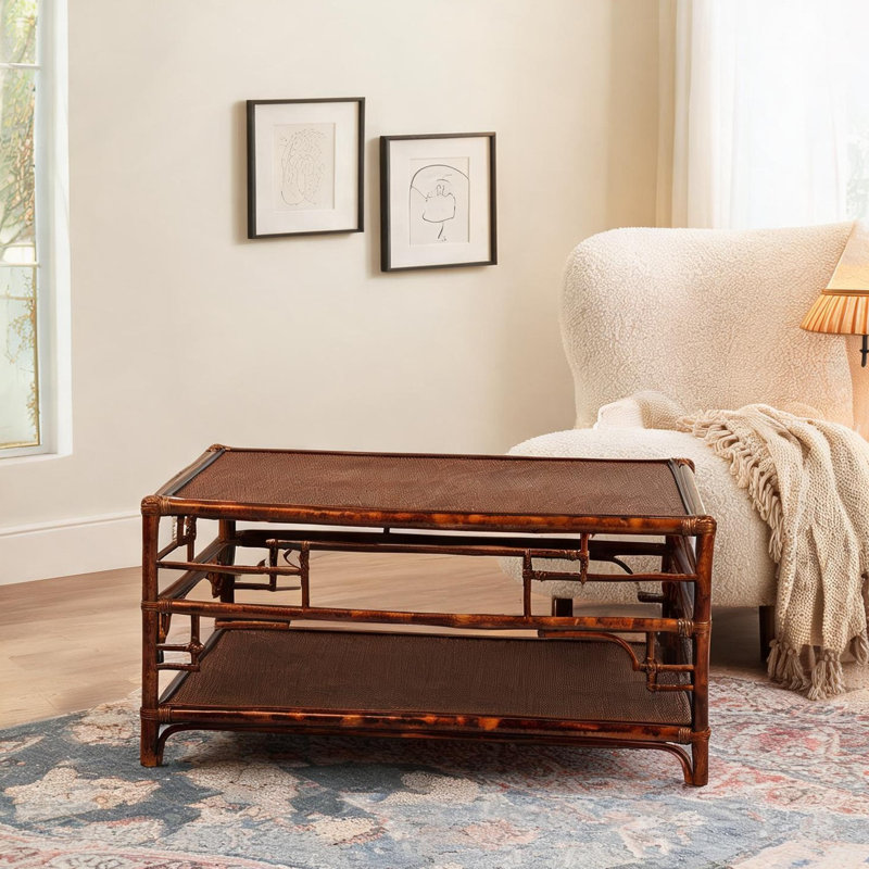 Table basse de rangement avec tablette ouverte en rotin brun ton de bois, L 28 po x l 41,9 po x H 18,5 po, centre de table rectangulaire rétro pour le salon