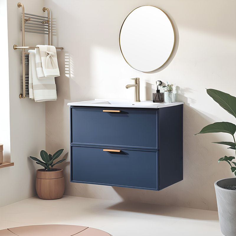 30'' White Free-Standing Bathroom Vanity With Double Drawers, Blue