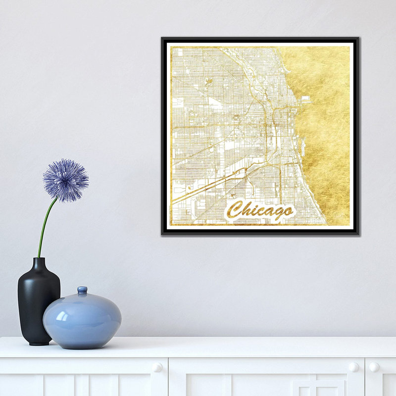 « chicago gold feuille urban blueprint map », reproduction d’impression sur toile, H 18 po x l 18 po x P 1,5 po, Pas de tapis
