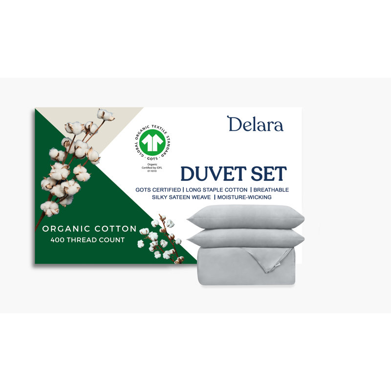 Delara GOTS Certified 100% Organic Cotton Sateen Duvet Cover Set, 400TC, Long Staple, Soft & Breathable, Light Gray