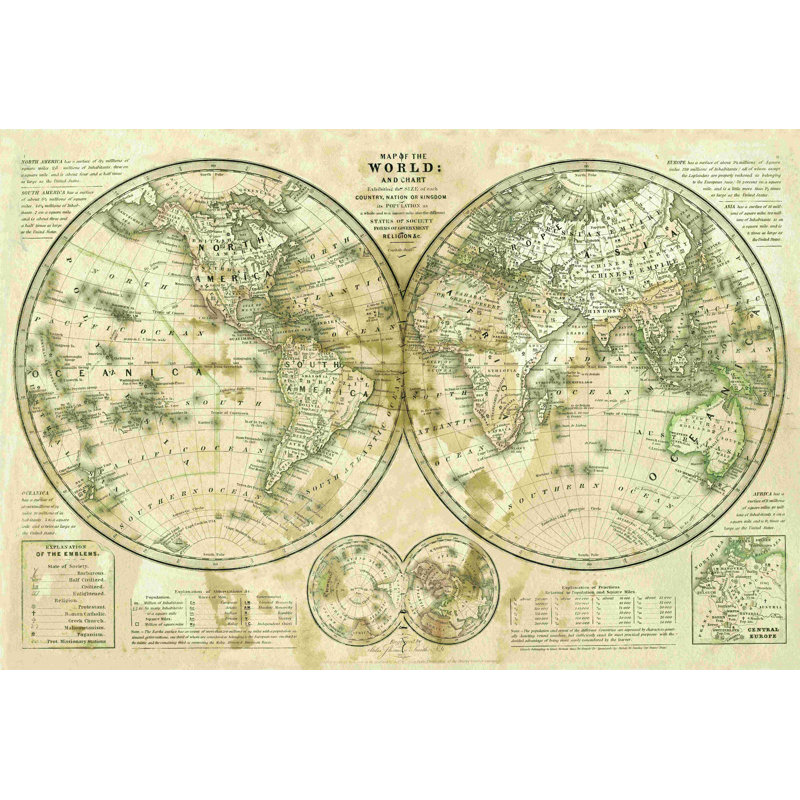 Carte du monde rétro - impression sur toile tendue, H 8 po x l 12 po