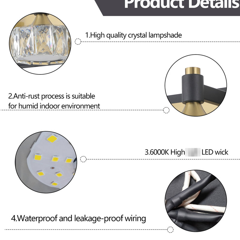 Luxury 3- Bathroom Fixture Over Mirror - Crystal & Modern Rust Wall Lamp -Proof Design