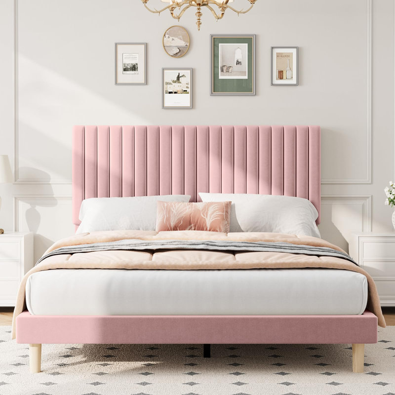 Structure de lit, structure de lit tapissier en velours avec tête de lit ajustable capitonnée à 3 niveaux, support de lattes en bois sans bruit, peut supporter jusqu'à 800 lb, aucun sommier nécessaire