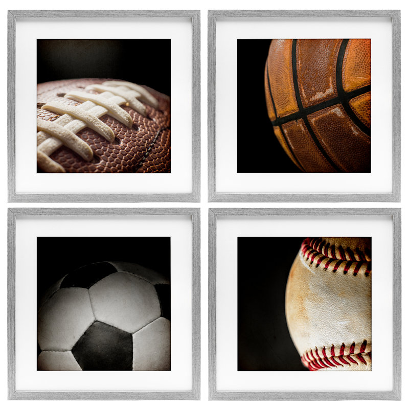 Team Sports Balls Closeups, ensemble de 4 reproductions encadrées sous verre, par Kim Allen, H 13 po x l 13 po
