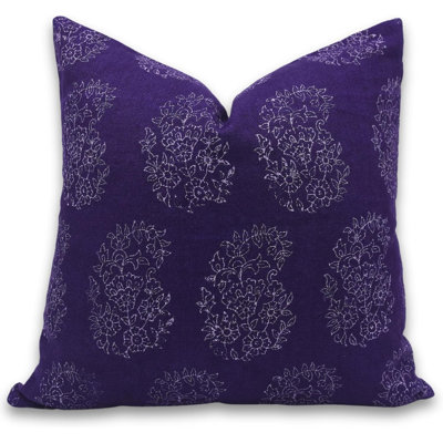 Handmade Block Print Linen Pillow Cover Boho Decorative Cushion for Sofa & Bed Mugal Jaal- 18X18 Inch