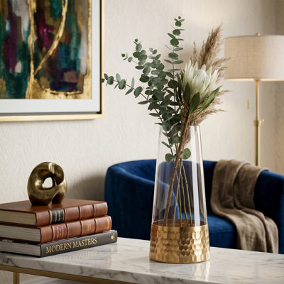 Vase en verre transparent de 10 pouces avec base dorée - centre de table moderne pour la maison ou un événement
