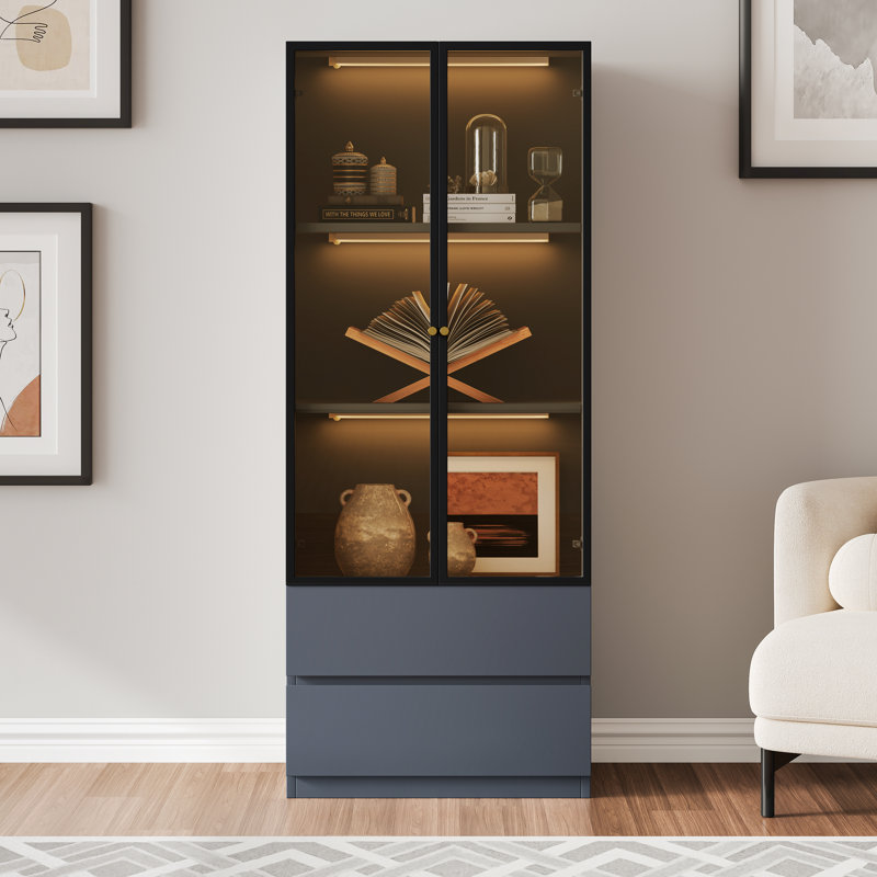 Gray Glass Display Cabinet with Storage for Collectibles, Wood 3-Tier Display Case with Glass Doors and 2 Drawers , Modern Hutch Curio Cabinet for Living Room and Kitchen