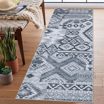 Ryma Gray Vintage Boho Area Rug Washable Patchwork Floor Cover Traditional Geometric Throw Carpet