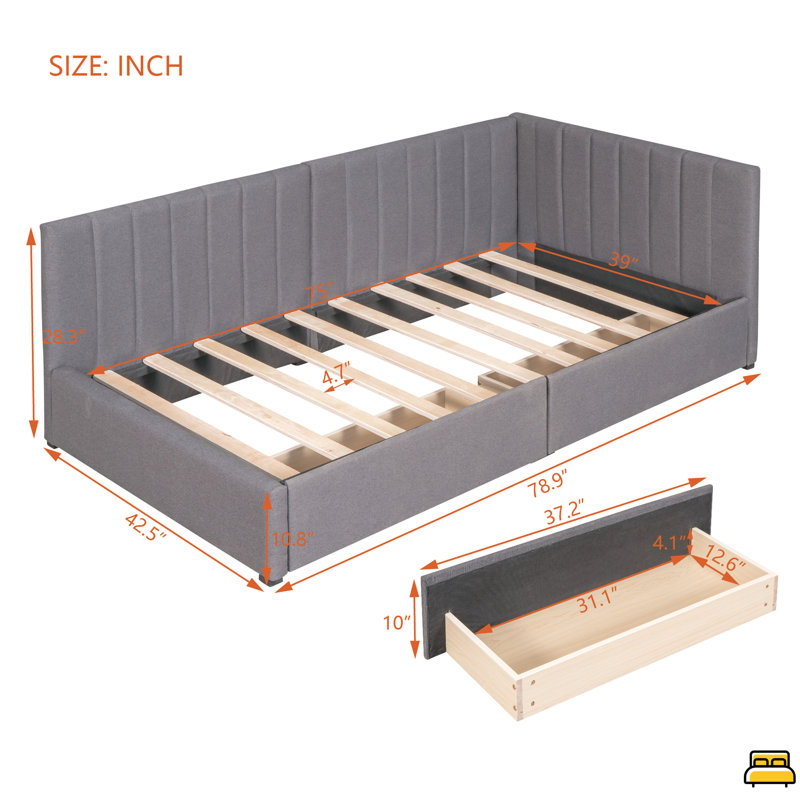 Upholstered Daybed With 2 Storage Drawers Twin Size Sofa Bed Frame No Box Spring Needed, Linen Fabric, Gray