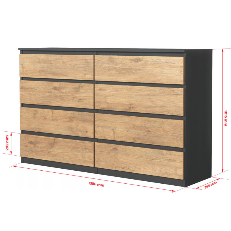 140 cm W Chest of 8 Drawers, Anthracite/Lancelot oak
