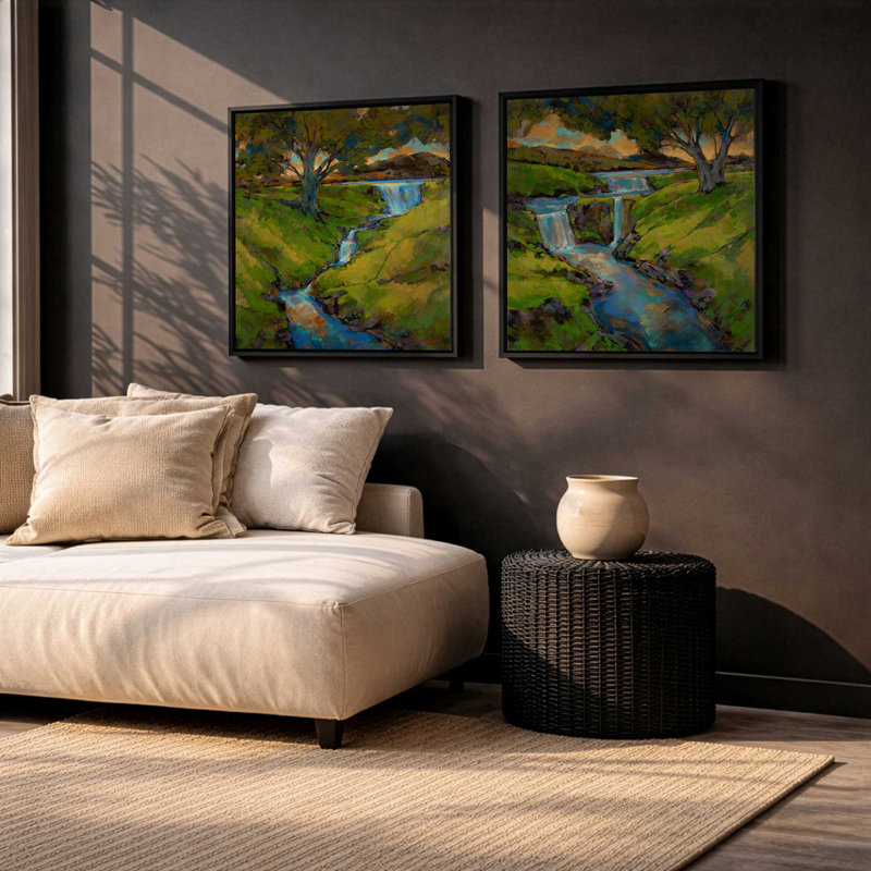 Happy Hills Splash, ensemble de 2 impressions, 12 po x 12 po, Toile avec cadre, Noir satiné