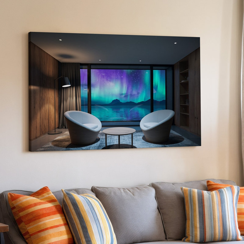 Toile, cadre intérieur serein, comprenant un art mural moderne et confortable avec deux fauteuils blancs incurvés élégants et un art mural minimaliste