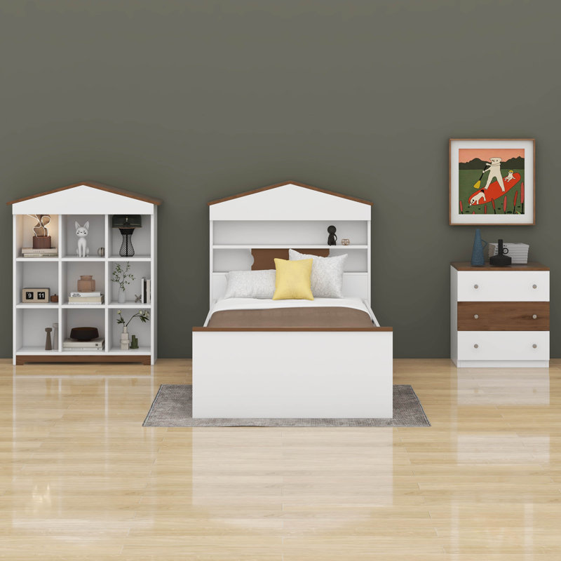  Ensemble de chambre à coucher 3 pièces Alser, lit simple en bois en forme de maison avec tiroirs de rangement, table de chevet à motif de blocs de couleurs et support de rangement en forme de maison