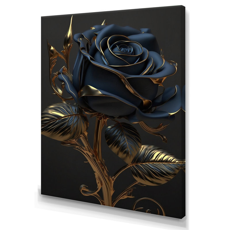 Rose dorée en bleu rétro I - Art mural rose, H 32 po x l 16 po x P 1 po, Toile tendue