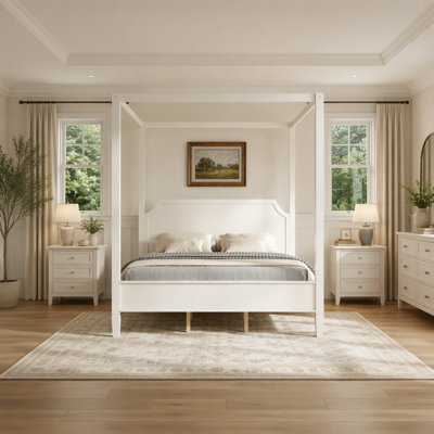 Lit plateforme en bois à baldaquin, taille King, avec tête de lit et pieds de soutien, blanc crème