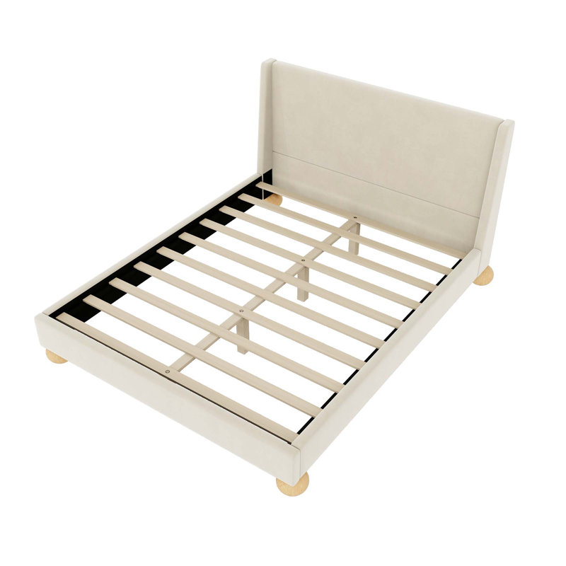 Velvet Bed with Round Wooden Legs, Beige, Queen