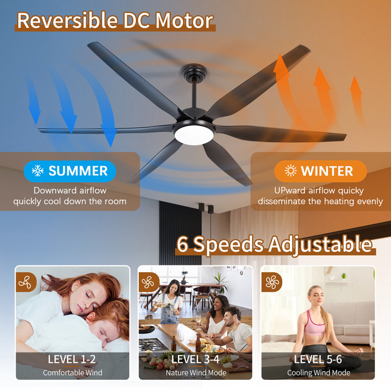 Ventilateur de plafond de 65 pouces avec lumières et télécommande, 6 pales, réversible, moteur à courant continu silencieux à 6 vitesses, grand ventilateur de plafond noir pour intérieur / extérieur / chambre à coucher / patio / maison de campagne