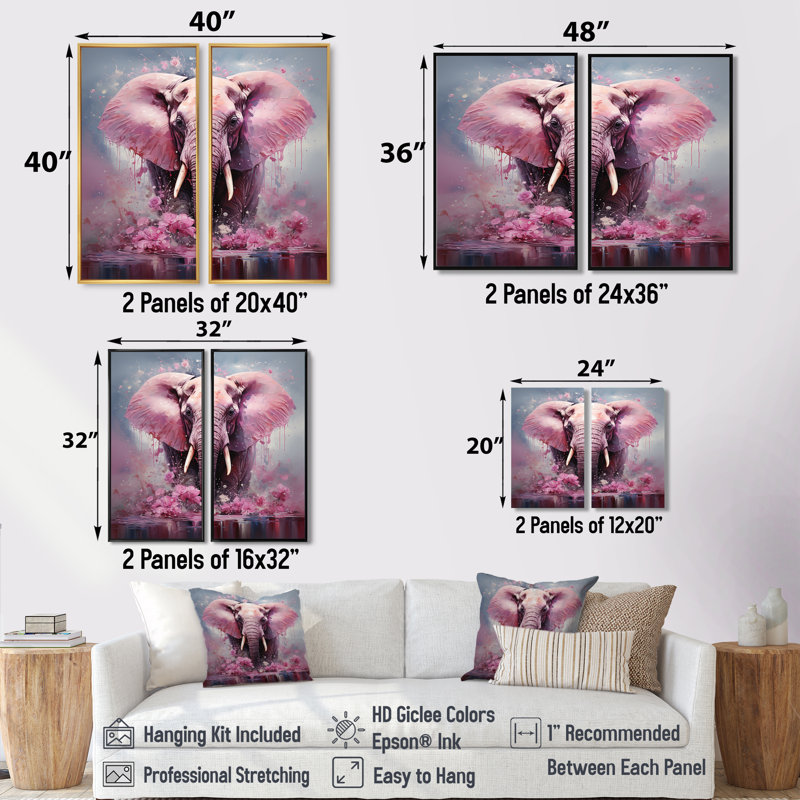 Rose, éléphant géant romantique - art mural moderne brun, Noir, H 36 po x l 48 po, Impression encadrée flottante