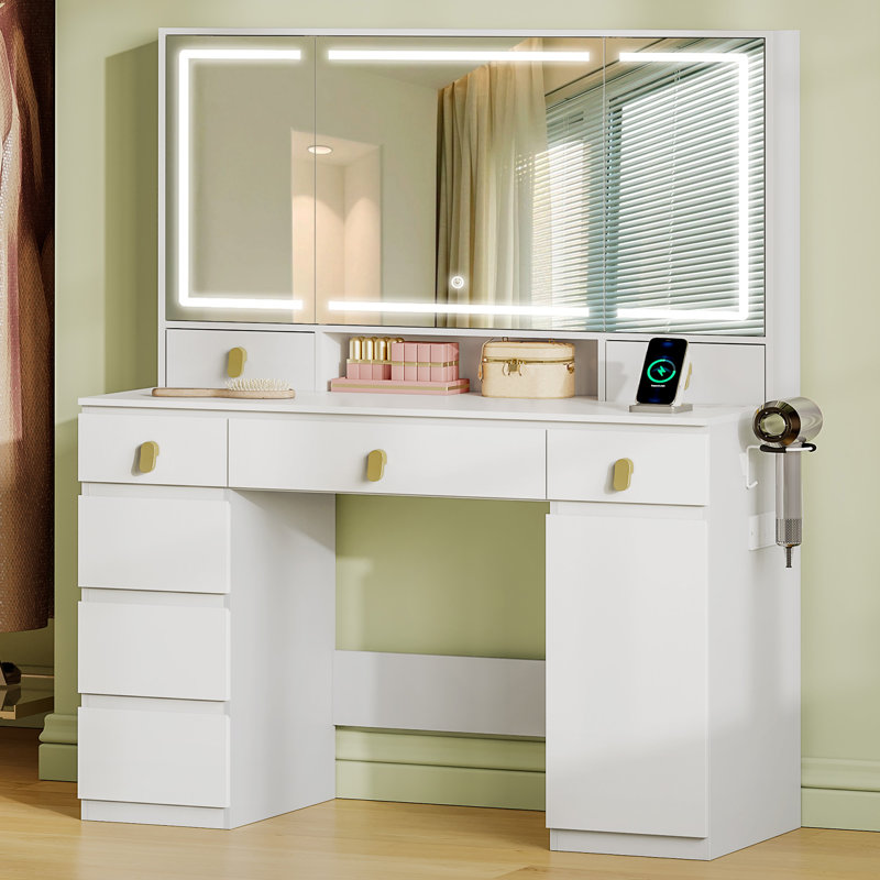 Dressing Table, Large HD Mirror, Vanity Desk with 3 Color LED Lights, Adjustable Brightness, Vanity Table with Power Strip and Hair Dryer Rack, 8 Drawers, 1 Storage Cabinet, White 