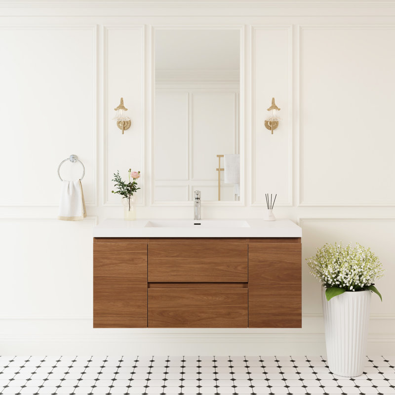 Meuble-lavabo flottant mural de 48 po avec lavabo, surface solide, tiroirs à fermeture en douceur, noyer doré miel entièrement assemblé, esthétique moderne fonctionnelle, résine de haute qualité à faible absorbance d'eau