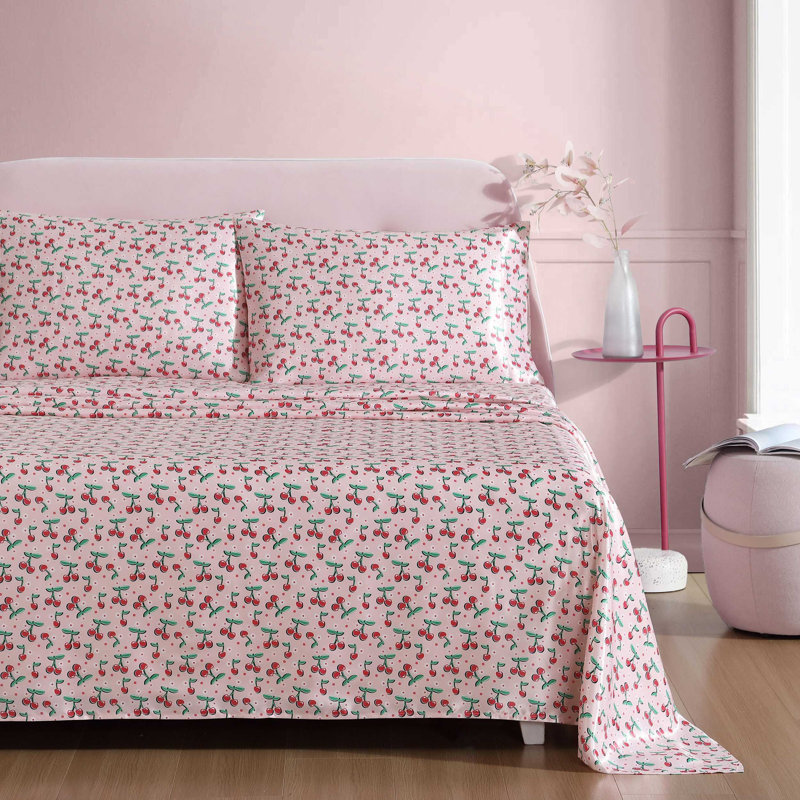 Ensemble de draps en satin doux Betsey Johnson, Ensemble de draps pour lit simple avec 1 taie d'or, Cerise rose