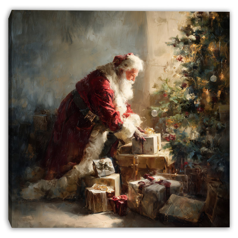 Père Noël préparant des cadeaux, art mural sur toile tendue, 40 po x 40 po