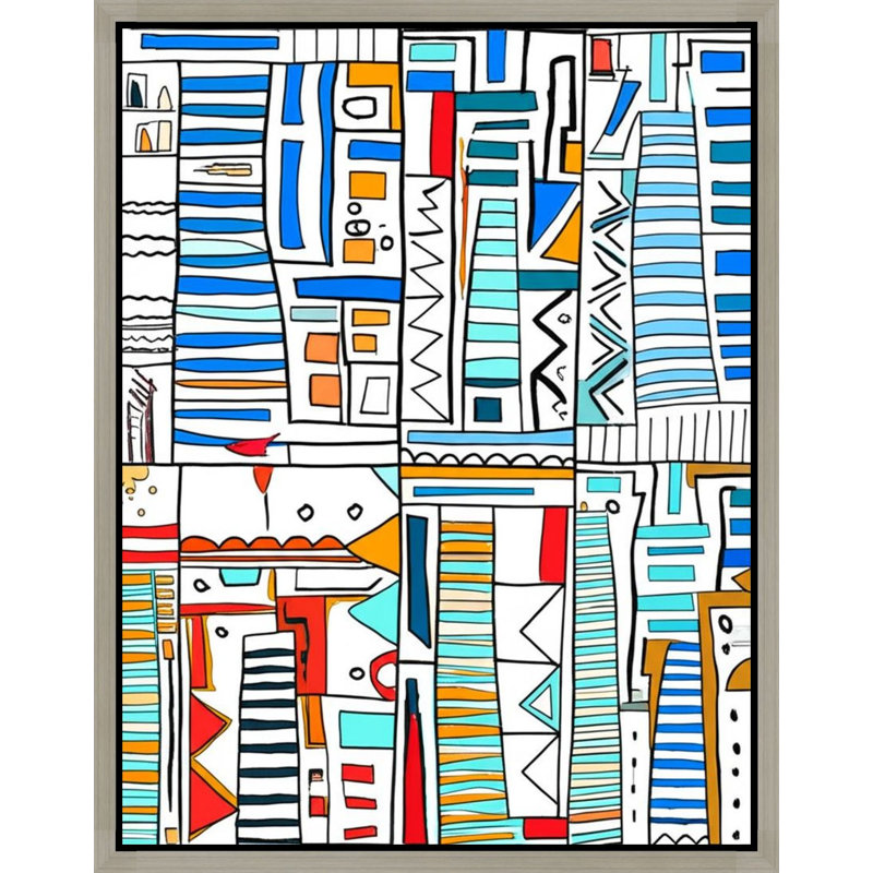 «Vibrant Geometric Abstract» en bleu et orange - Art mural sur toile encadrée, Silver, 28" H x 22" W