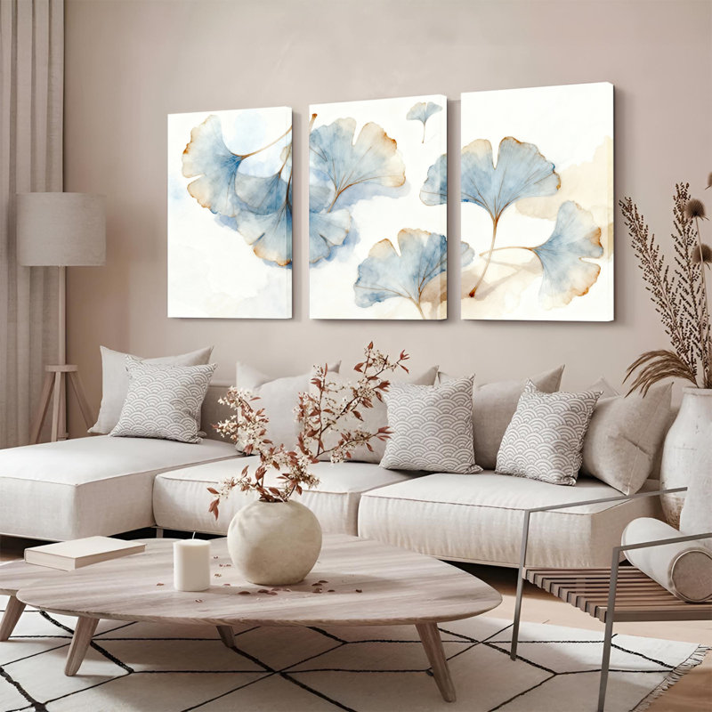 Feuille de ginkgo aquarelle sur toile tendue, ensemble de 3 décorations pour salon chambre à coucher, H 18 po x l 36 po