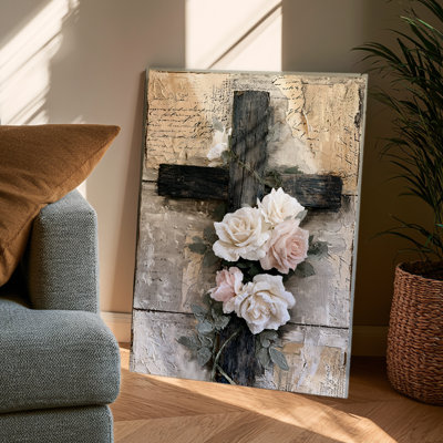 Rustic Farmhouse Wooden Cross with White Roses Graphic Art- Living Room & Bedroom Wall Decor