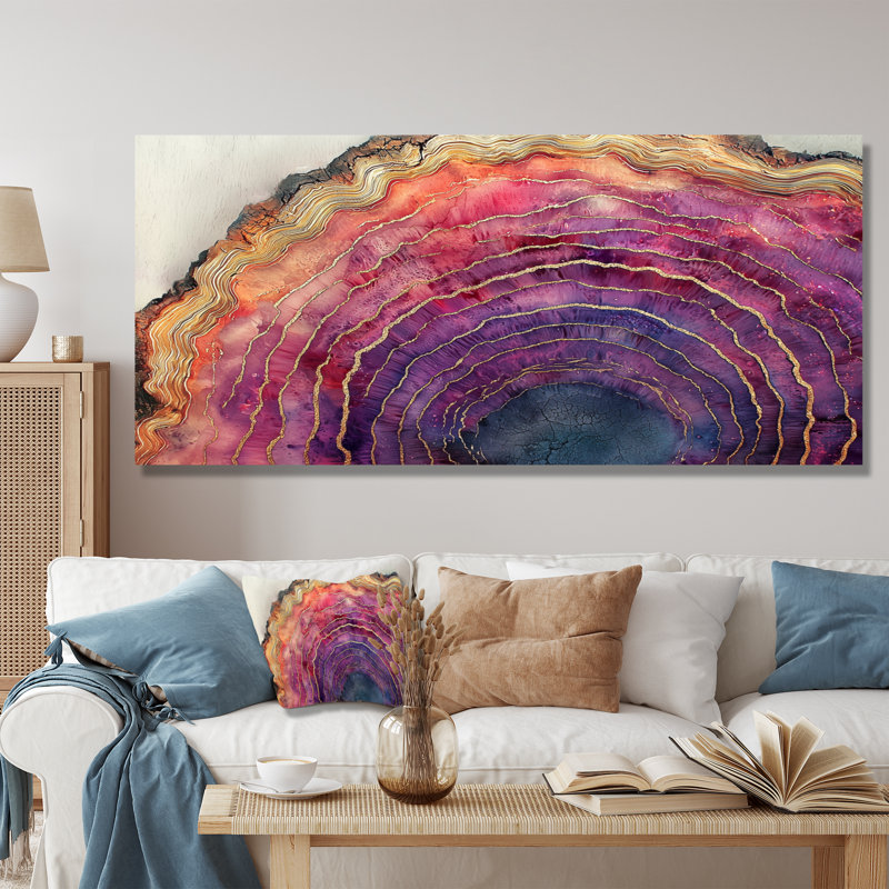 Abstrait marbre Rosa et pierre d'améthyste glissade III - art mural en métal géode de pierre, H 28 po x l 60 po