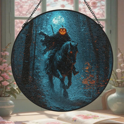 Tête de cavalier sans tête chevauchant des panneaux de vitrail de sentier forestier pour décor de fenêtre