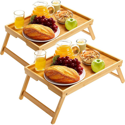 Bamboo Bed Breakfast Tray With Foldable Legs, Handles, Ideal For Kids, Couples, Sofa, Eating, Working, Used As Laptop Desk Snack Table - 2 Pack