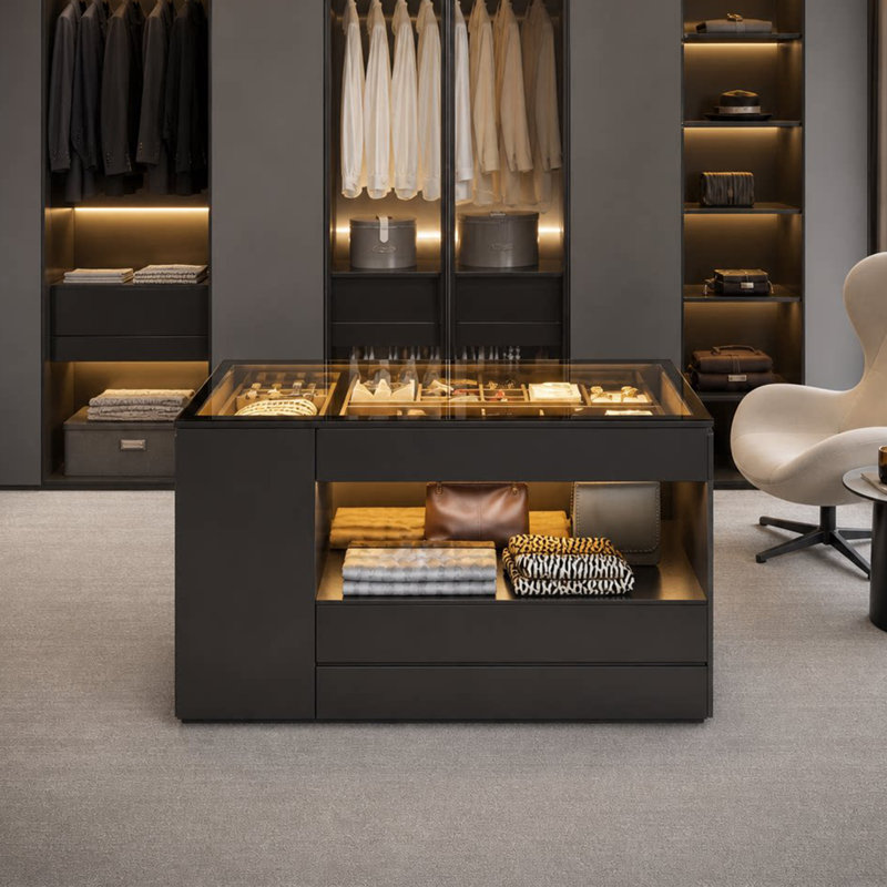Îlot à bijoux minimaliste moderne de 100 cm (39,37 po) en bois massif à plusieurs niveaux – Plateau en verre trempé avec compartiments de rangement à DEL, tiroirs biseautés sans poignées, étagères réglables, espace d'exposition ouvert, organisateur de bijoux luxueux et lumineux de grande capacité