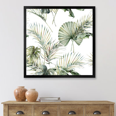 «Tropical S» avec Monstera et feuilles de noix de coco - peinture sur toile à cadre flottant