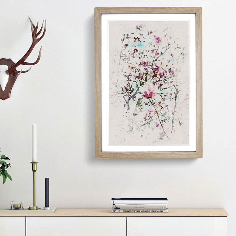 Pink Magnolia Blossom Tree - Picture Frame Painting Print, 45cm H x 33cm W x 2cm D, Oak Framed