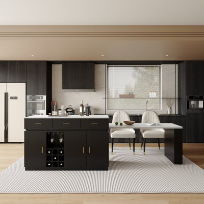 Îlot de cuisine 64 po à 114 po avec plateau en bois manufacturé, bar à vin, 3 armoires de rangement et tiroirs pour cuisines à aire ouverte