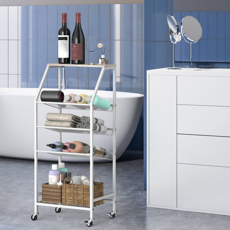 Chariot de rangement à 5 niveaux avec plateau en bois de chêne gris, structure en métal blanc et tablettes en filet pour la salle de bain, le salon et la cuisine
