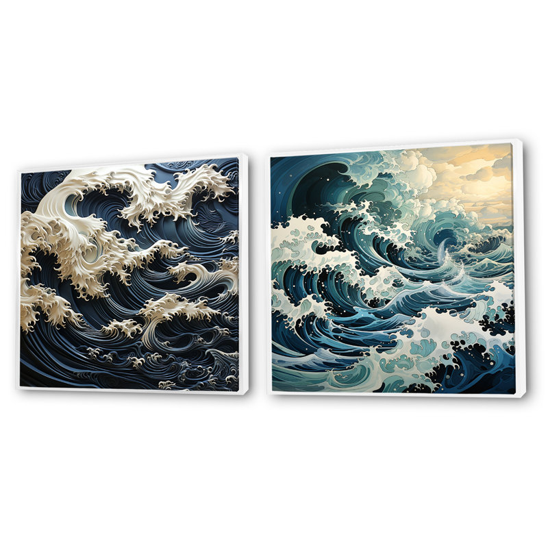 Abstrait bleu et blanc, tempête océanique - ensemble de 2 collages carrés côtiers, Cadre flottant blanc, H 30 po x l 61 po