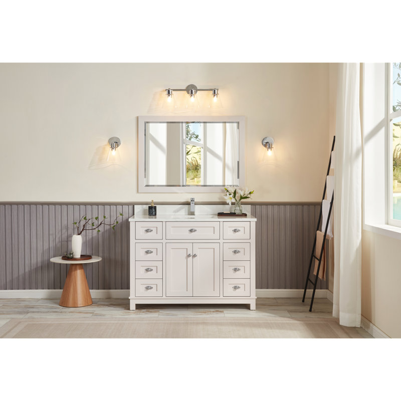 48" Solid Wood Sink Vanity With 1' Artificial Stone Top, Dreamy White, Polished Chrome