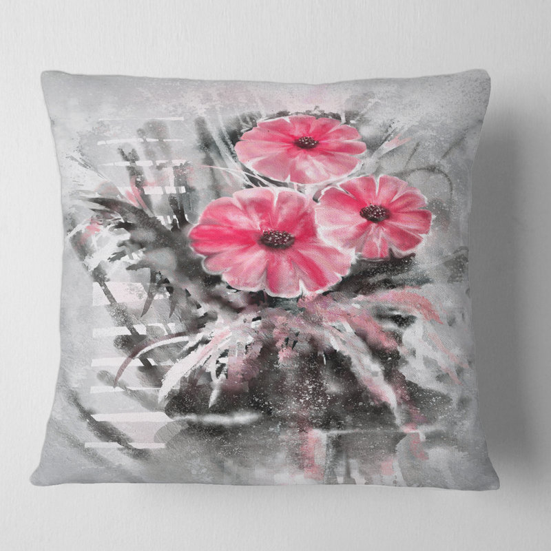 Carré, fleurs rouges abstraites sur fond gris - imprimé traditionnel, 18" x 18"